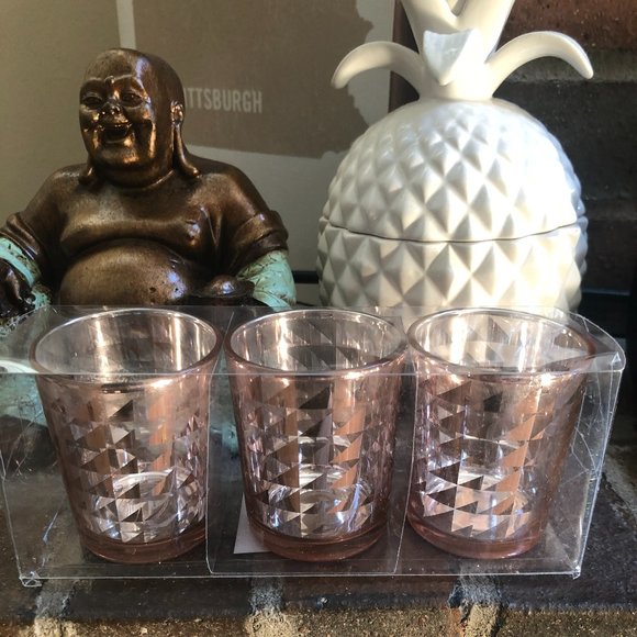 Vintage Retro 3 Piece Rose Gold Glass Votive Set - Picture 2 of 5